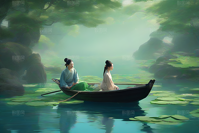 水墨夏日波光玉荷叶船行