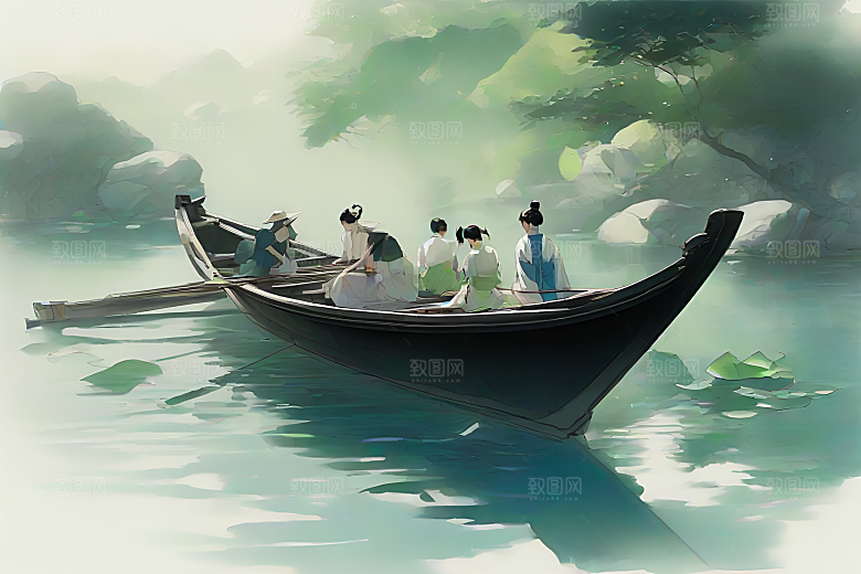 水墨夏日波光玉荷叶船行