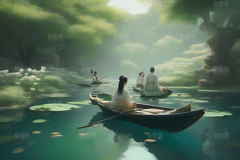 水墨夏日波光玉荷叶船行