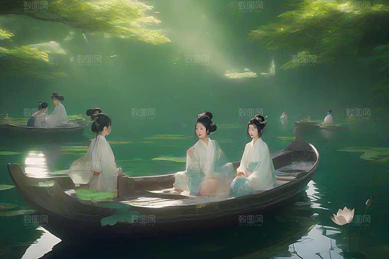 水墨夏日波光玉荷叶船行