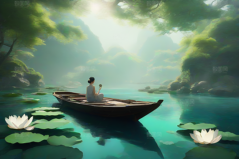 水墨夏日波光玉荷叶船行