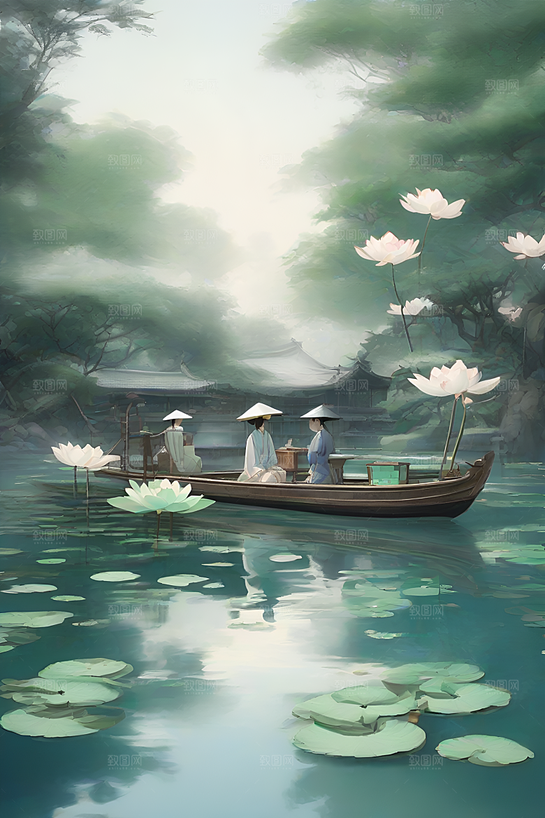 船上观荷花水墨画作品