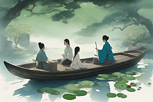 船上观荷花水墨画作品
