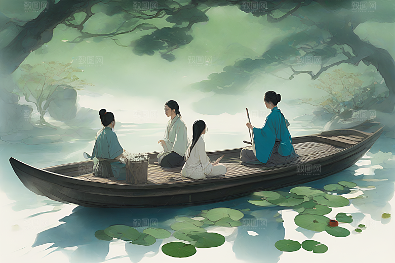 船上观荷花水墨画作品