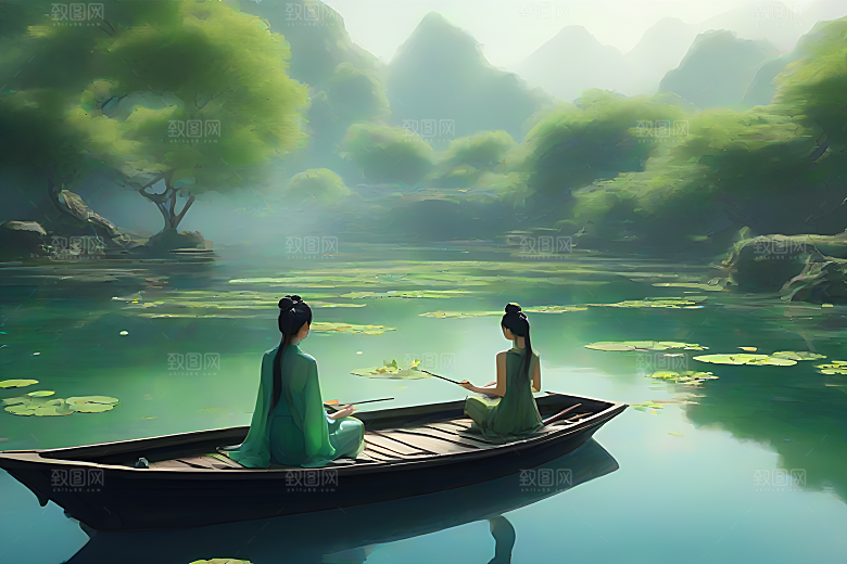 船上观荷花水墨画作品