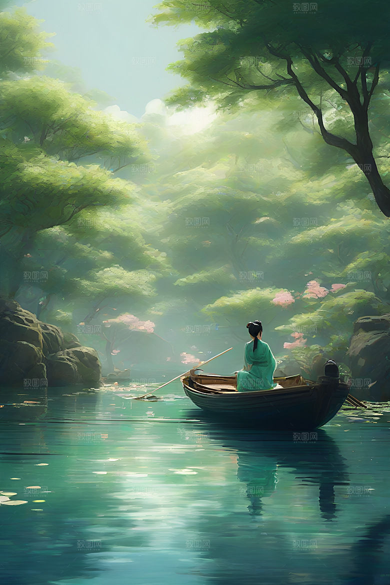 船上观荷花水墨画作品