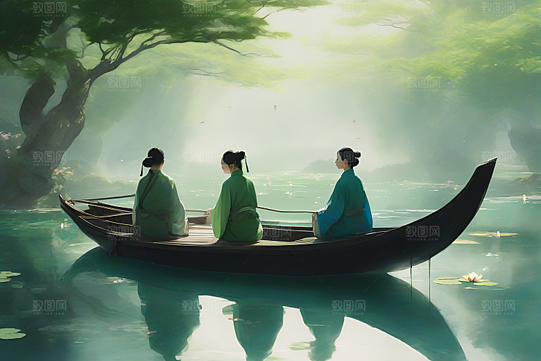 船上观荷花水墨画作品