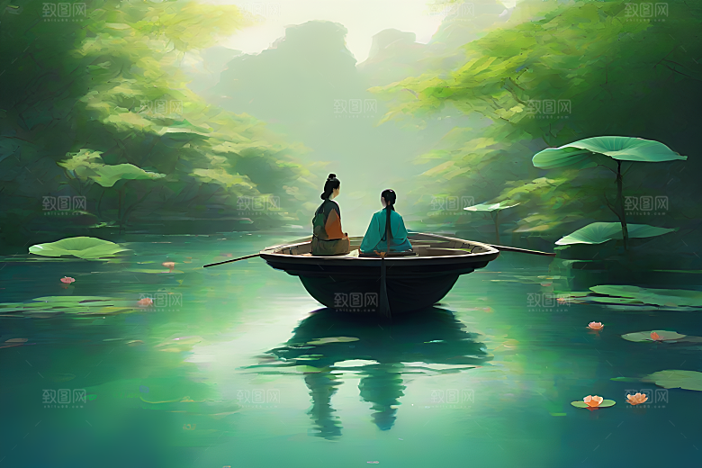 船上观荷花水墨画作品