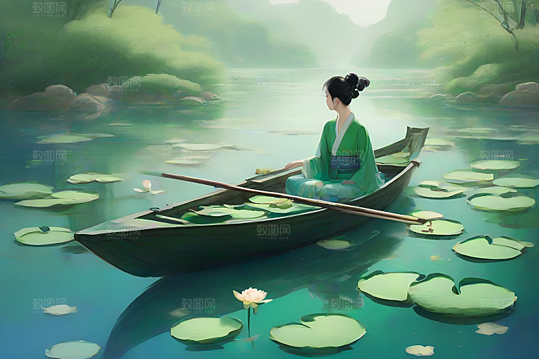 船上观荷花水墨画作品