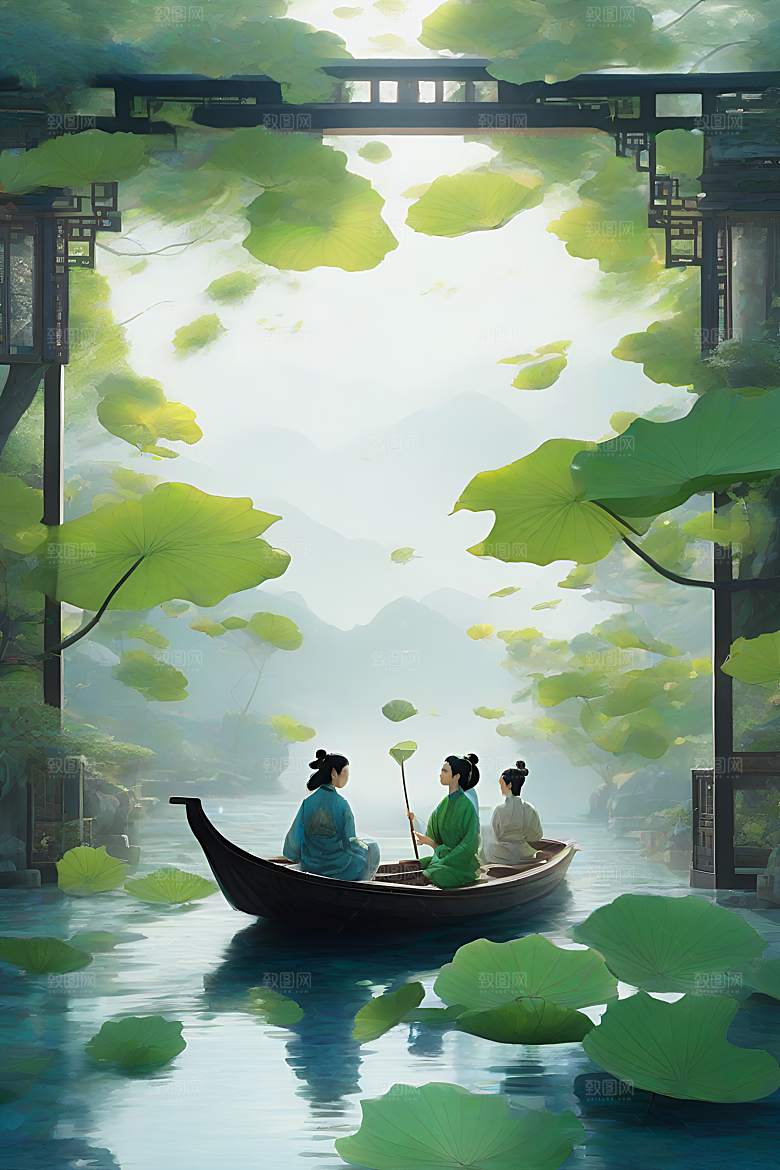 船上观荷花水墨画作品