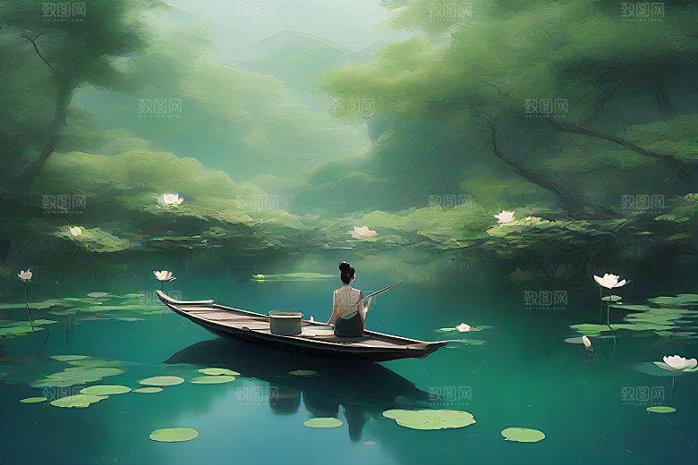 船上观荷花水墨画作品