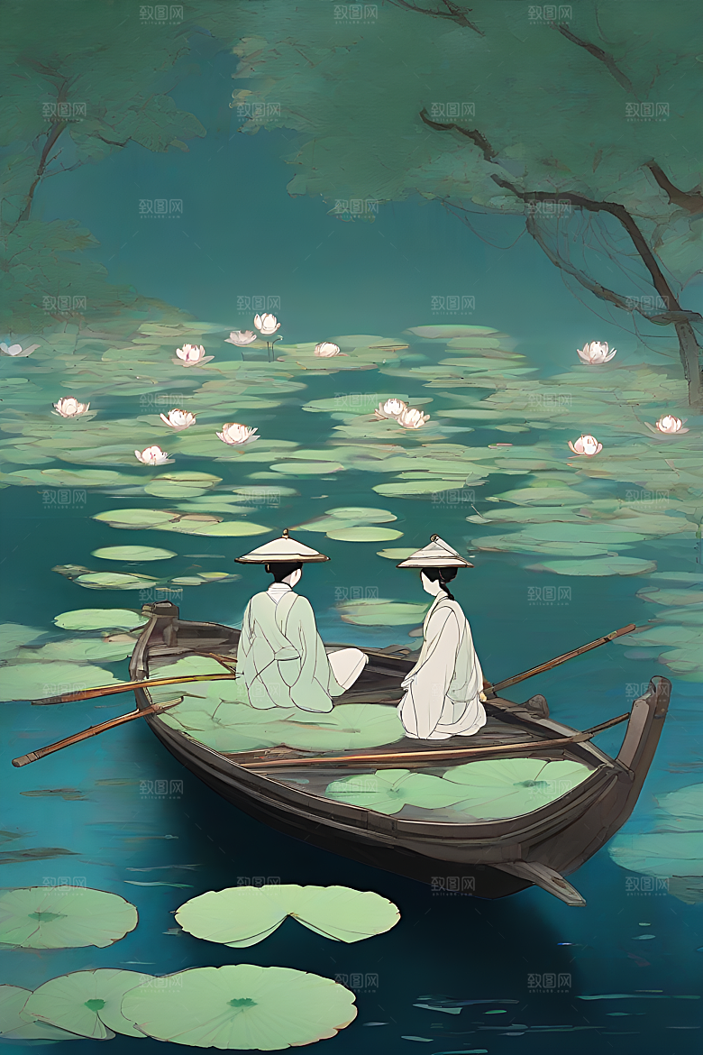船上观荷花水墨画作品