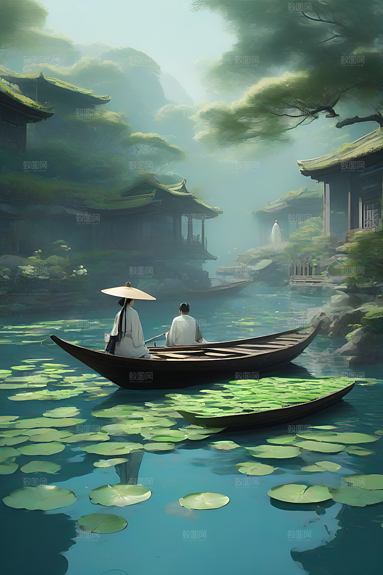 船上观荷花水墨画作品