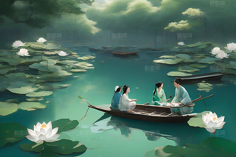 船上观荷花水墨画作品