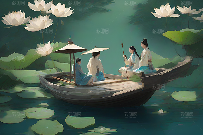 水墨画中的夏日风情：波光荷花