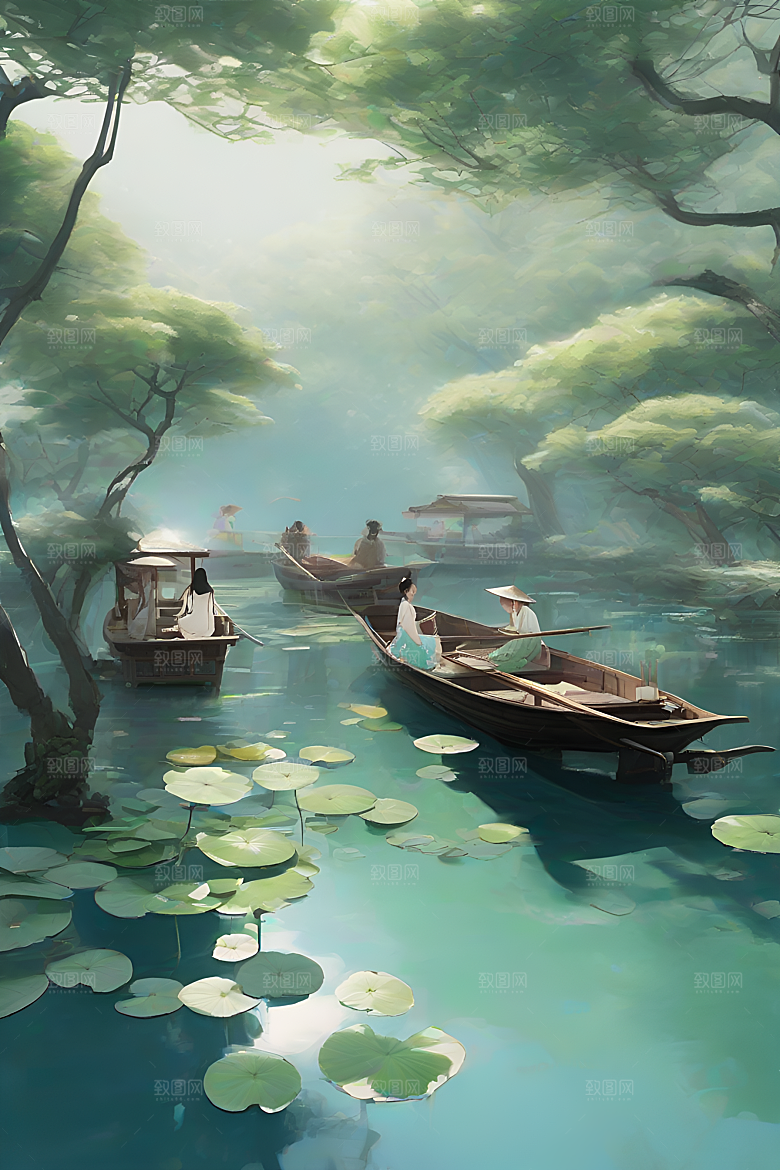 船上观荷花水墨画作品