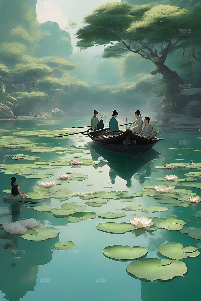 船上观荷花水墨画作品