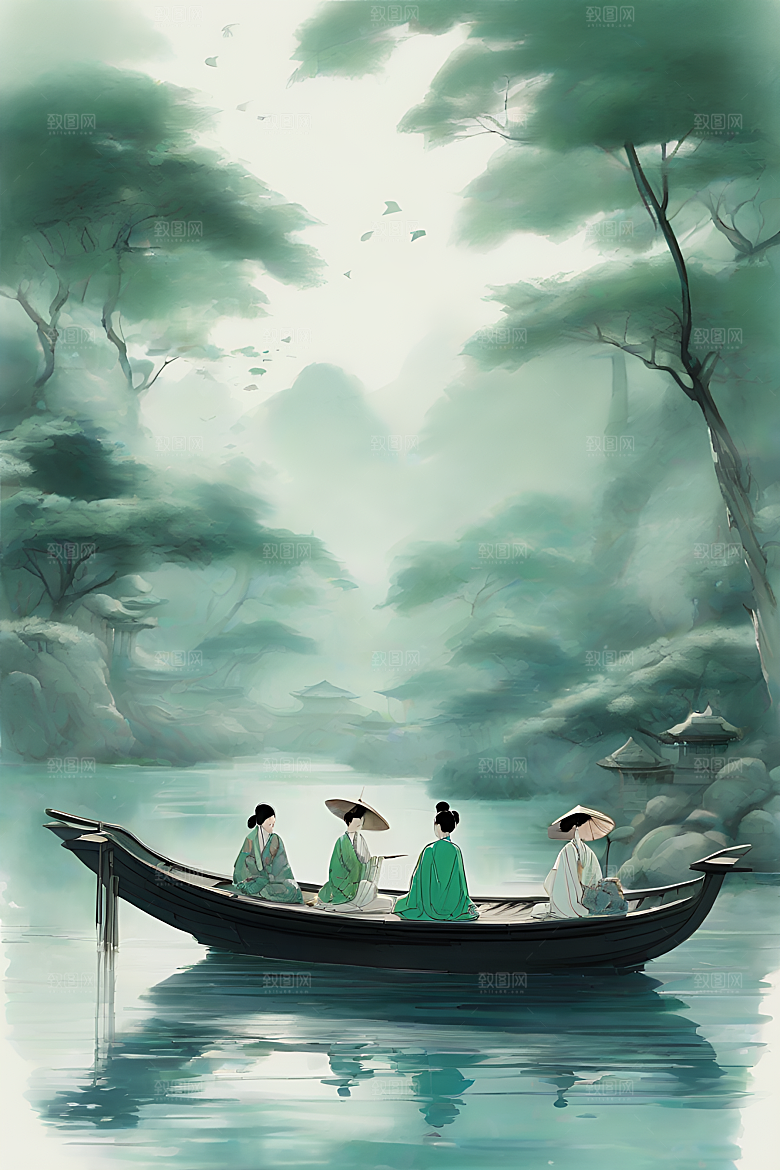 水墨画中的夏日风情：波光荷花