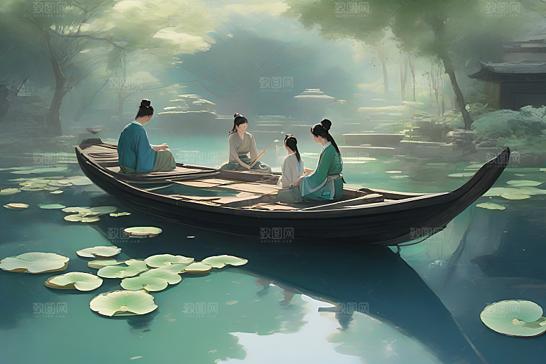 船上赏荷中国水墨呼吸