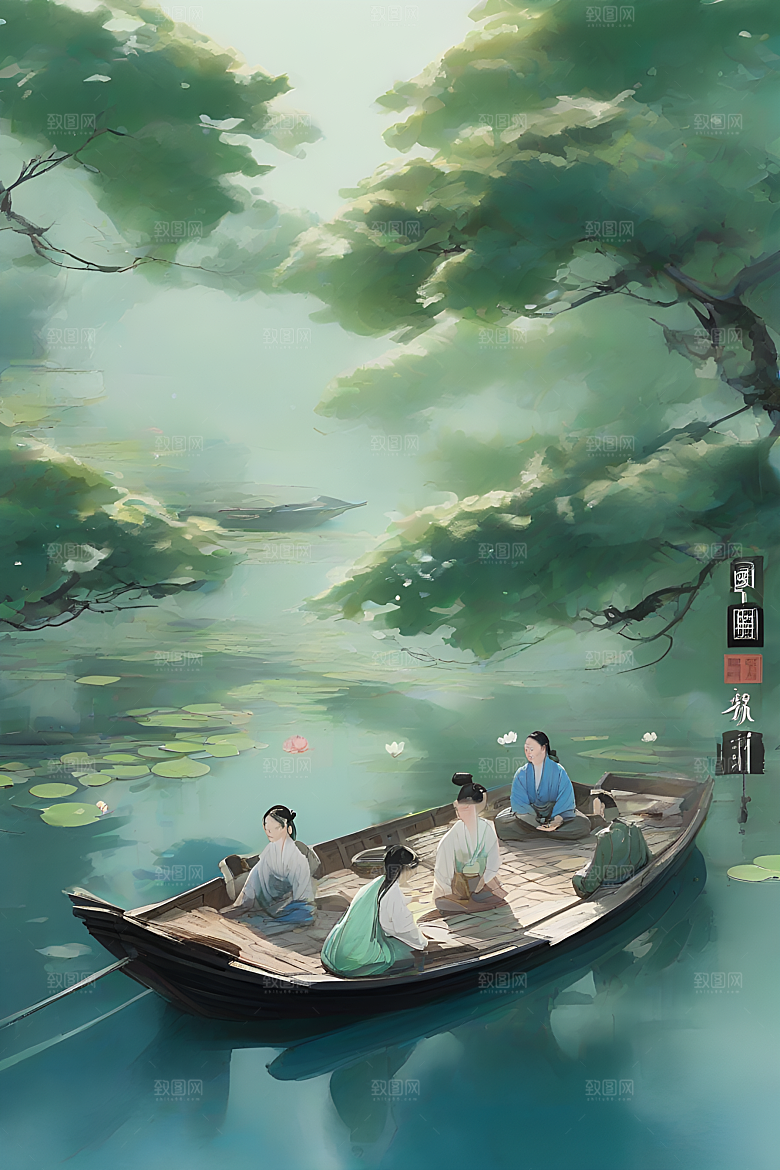 水墨画中的夏日风情：波光荷花