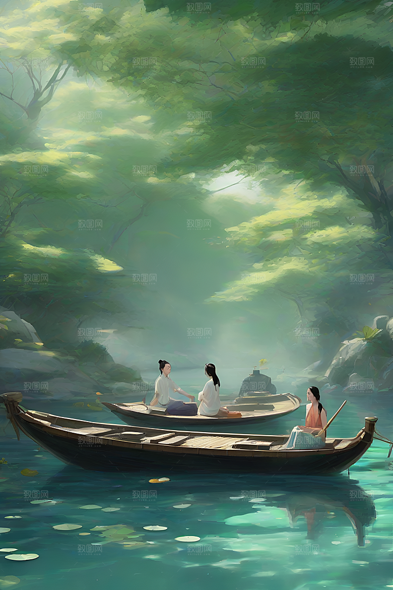 水墨画中的夏日风情：波光荷花