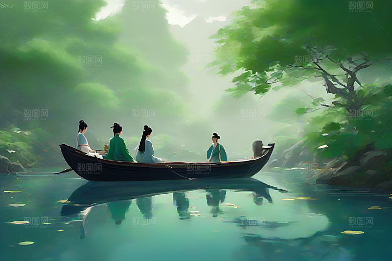 船上赏荷中国水墨呼吸