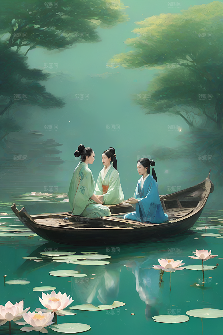船上赏荷中国水墨呼吸