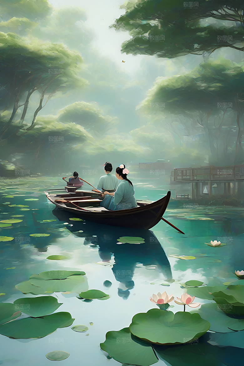 船上赏荷中国水墨呼吸