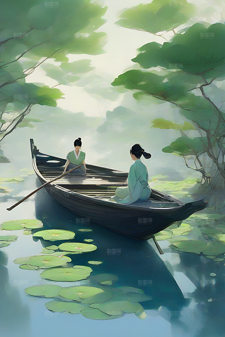船上赏荷中国水墨呼吸
