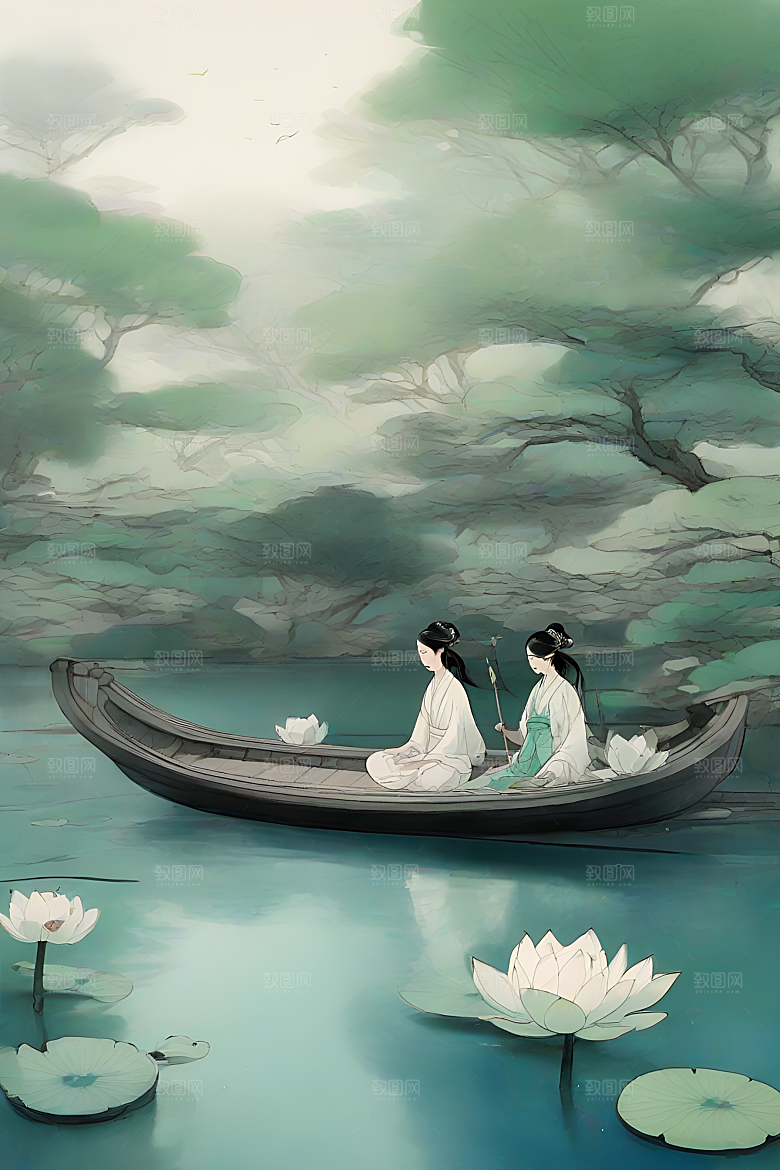 船上赏荷中国水墨呼吸