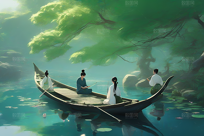 水墨夏天船上观盛开的荷花