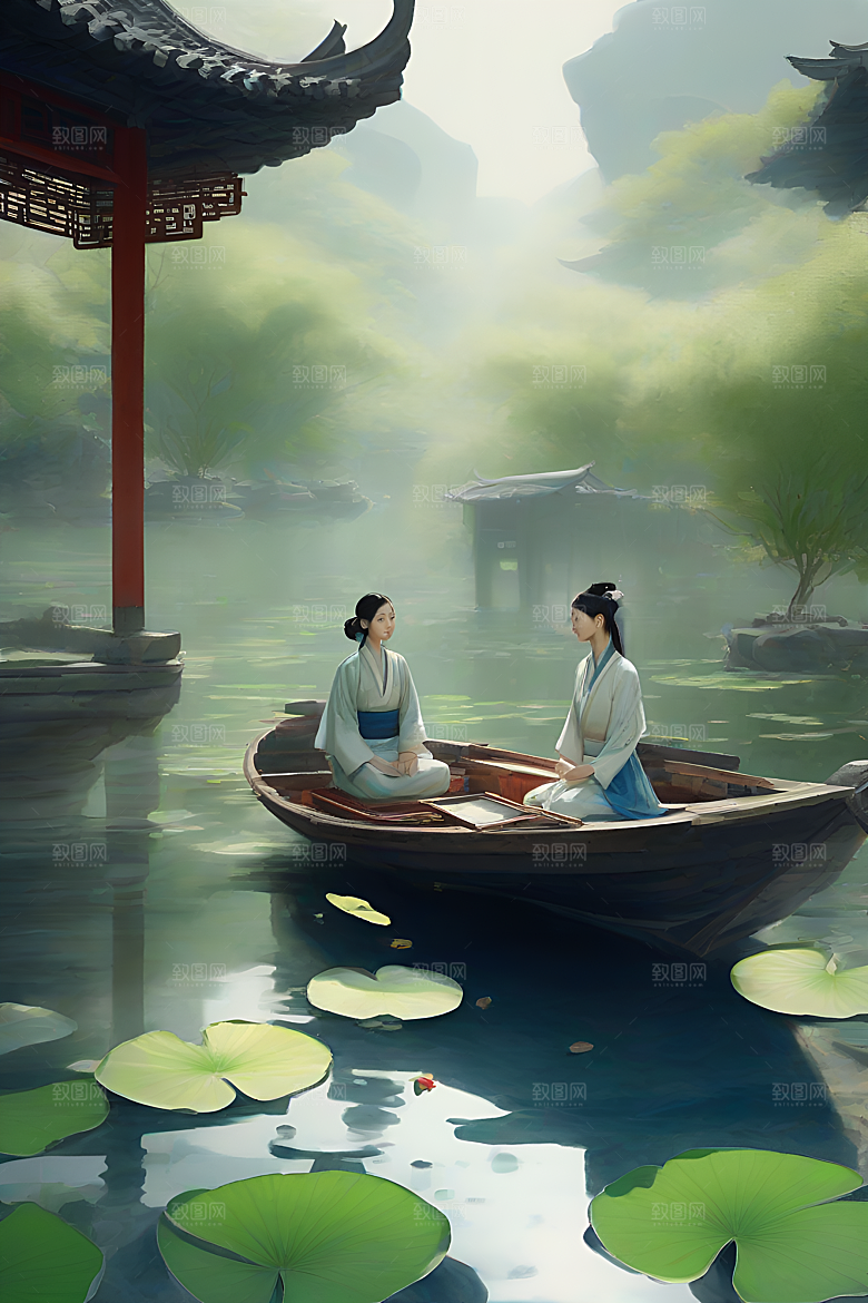 船上赏荷中国水墨呼吸