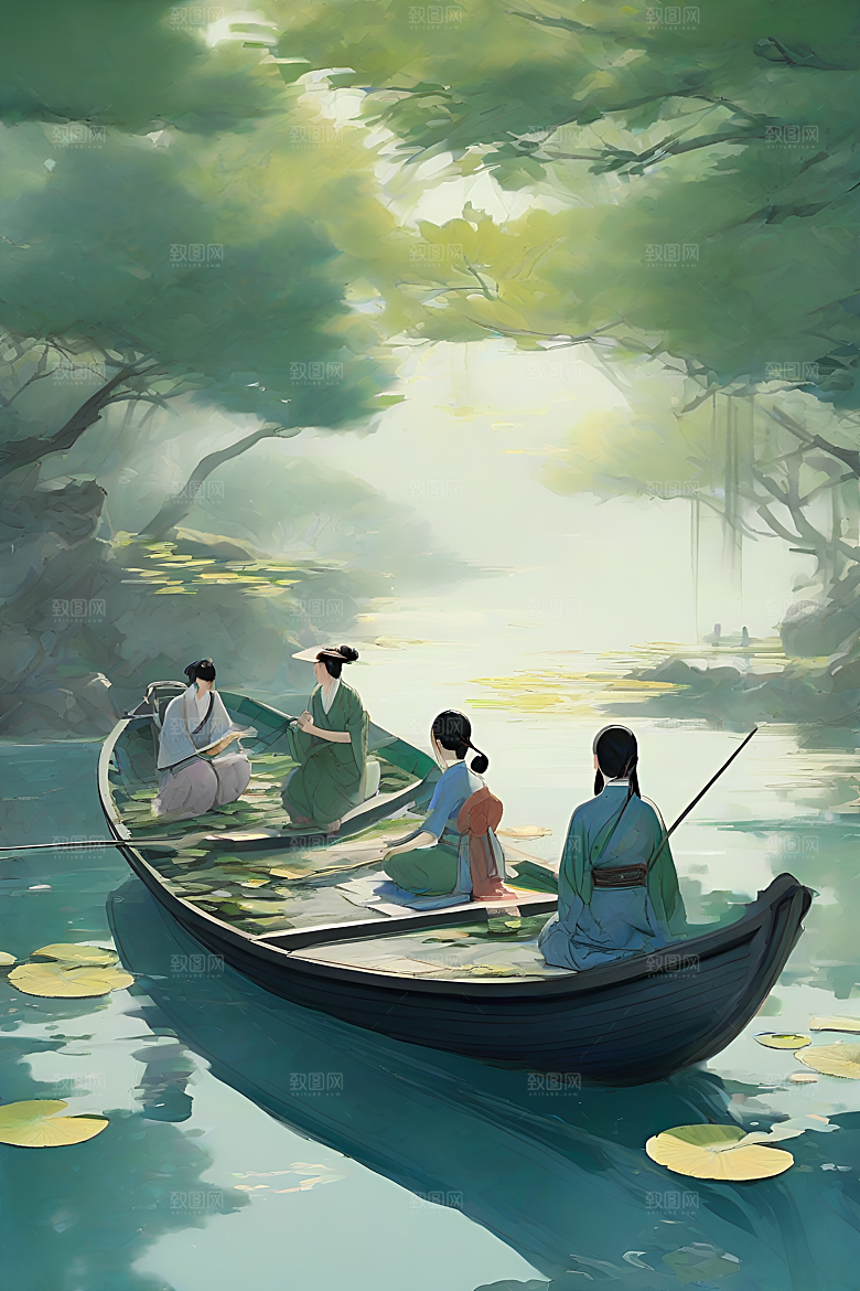 波光粼粼的水墨画作品