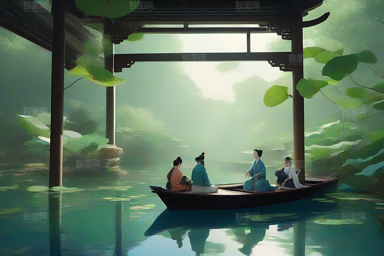 波光粼粼的水墨画作品