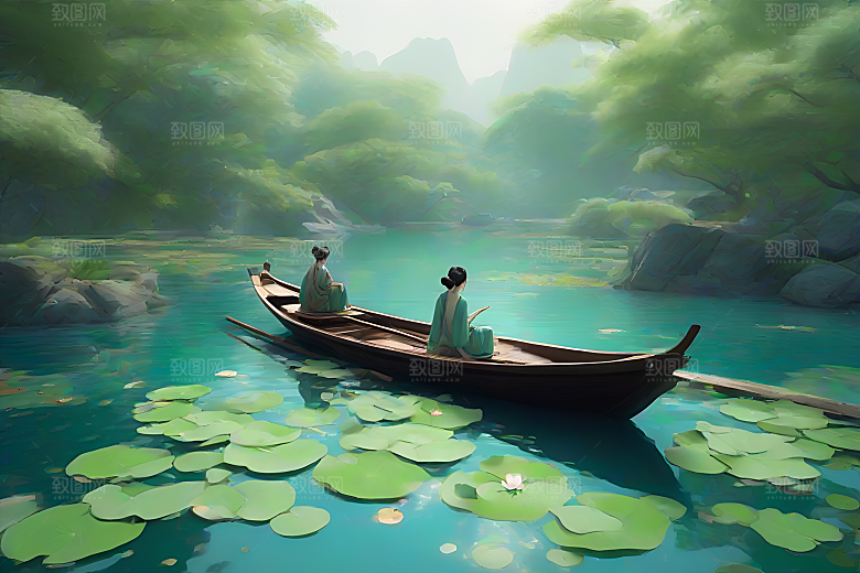 波光粼粼的水墨画作品