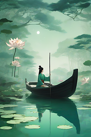 波光粼粼的水墨画作品