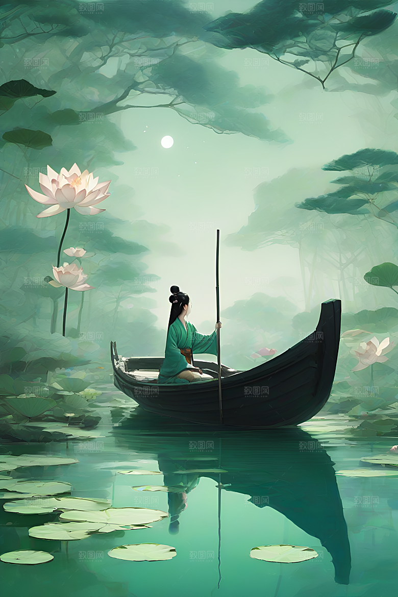 波光粼粼的水墨画作品