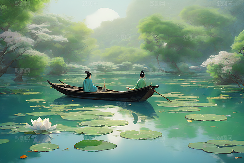 波光粼粼的水墨画作品