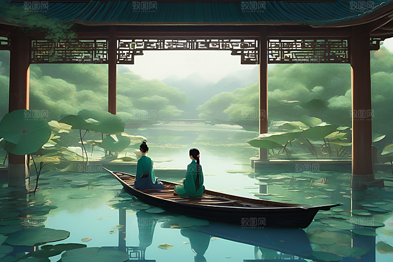 波光粼粼的水墨画作品