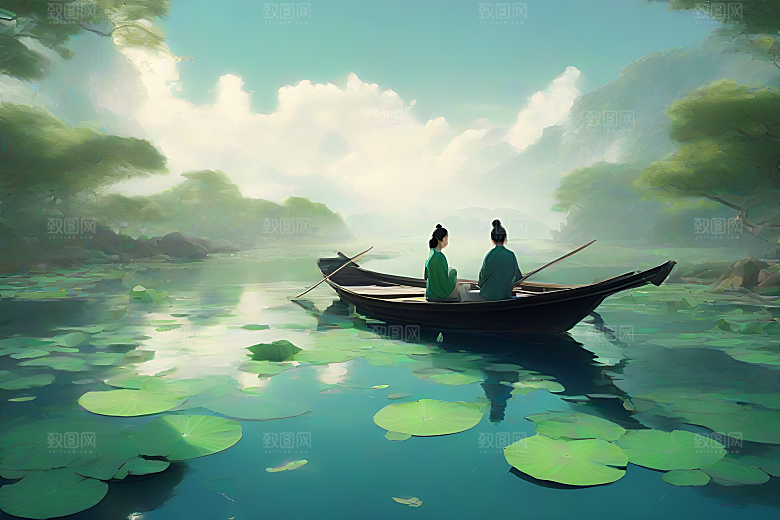 波光粼粼的水墨画作品