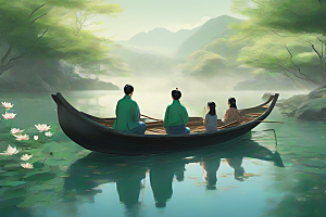船上观荷花中国水墨之美