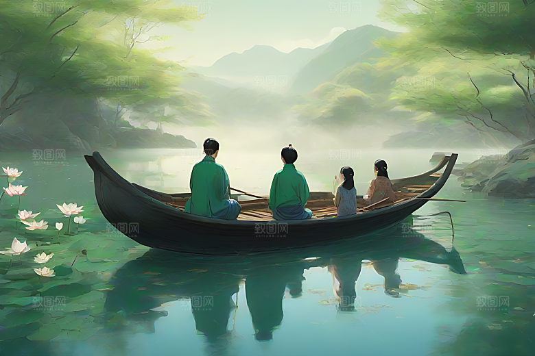 船上观荷花中国水墨之美