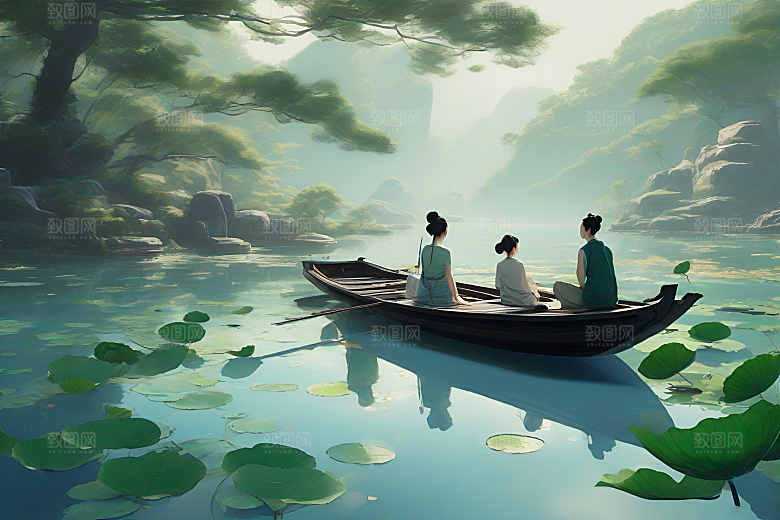 波光粼粼的水墨画作品