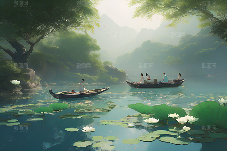 波光粼粼的水墨画作品