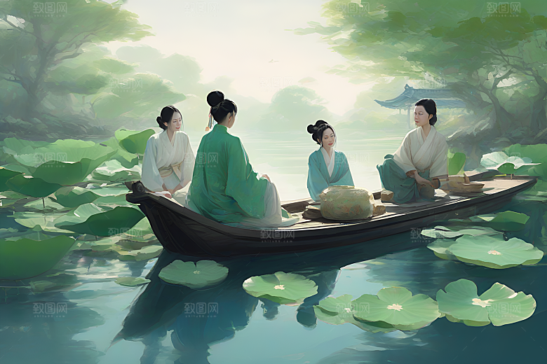 波光粼粼的水墨画作品