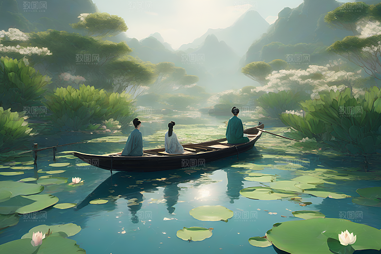波光粼粼的水墨画作品