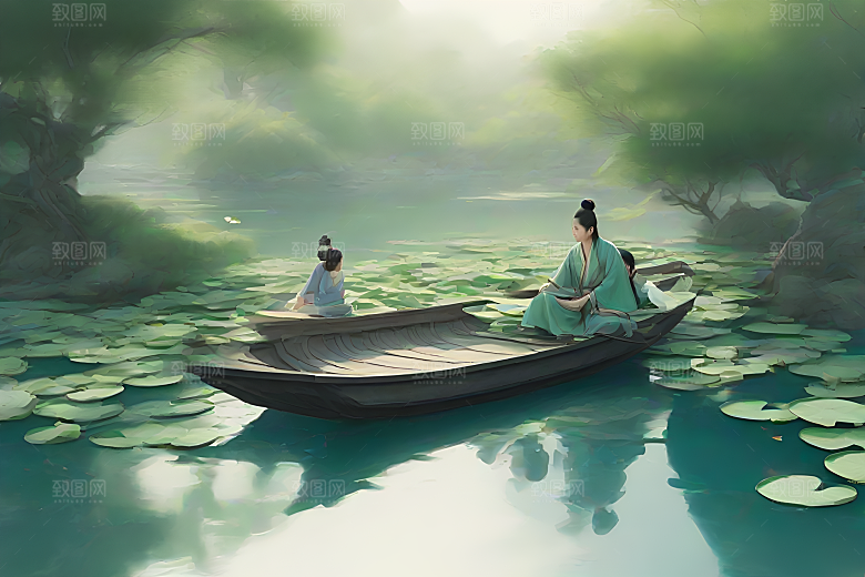 波光粼粼的水墨画作品