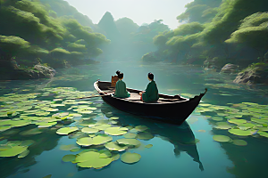船上观荷花中国水墨之美
