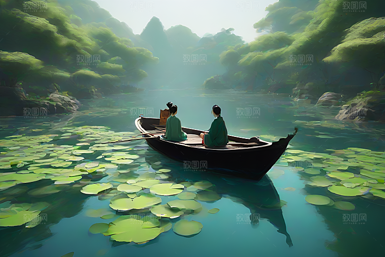 船上观荷花中国水墨之美
