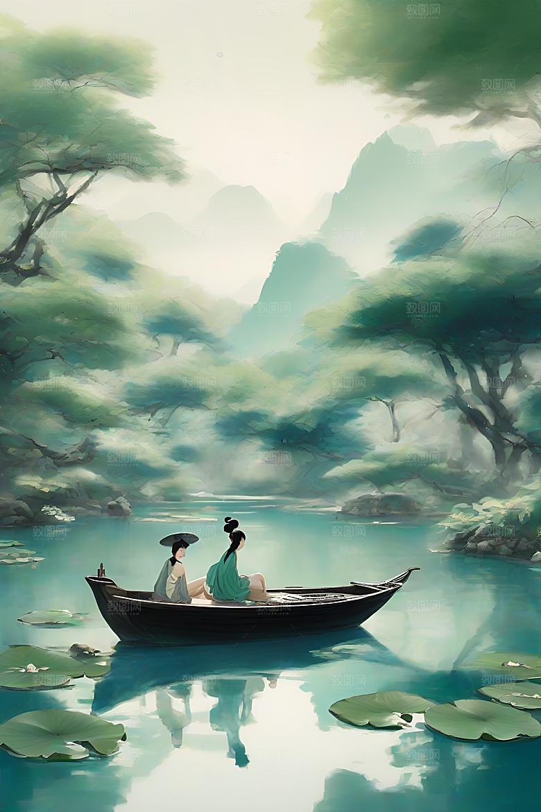水墨画中的盛夏荷花